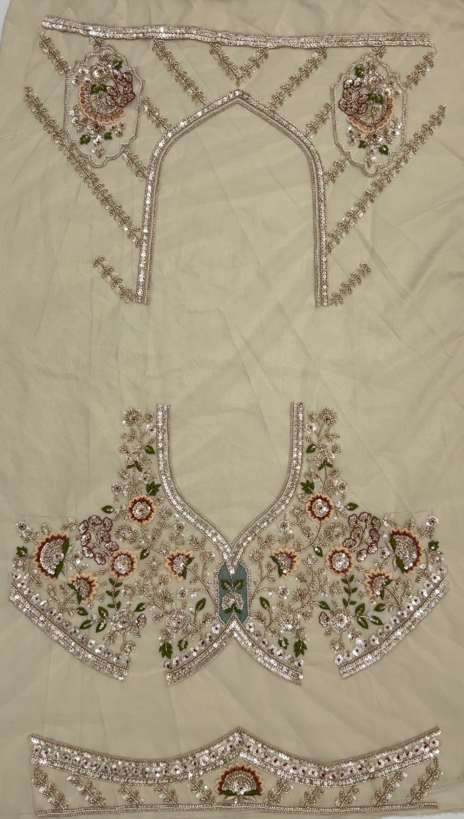 Beige Net Golden Beads ,Multi-color Thread, Sequin Handwork Semi-Stitched Lehenga Choli